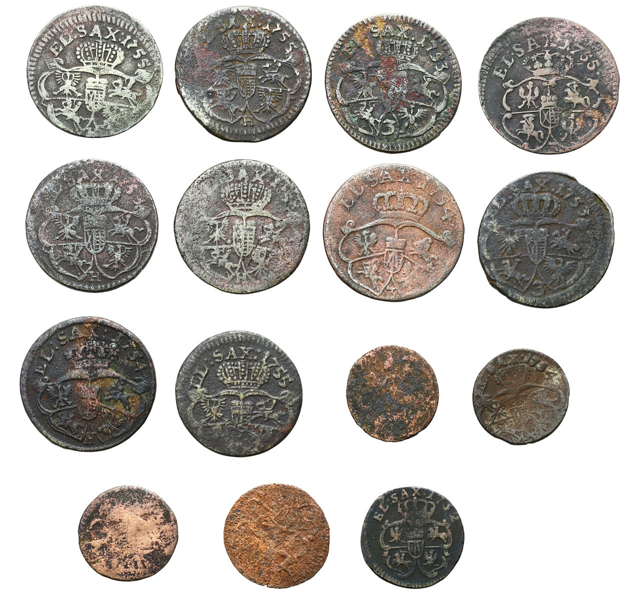 August III Sas. Szeląg, grosz 1752-1755, zestaw 15 monet